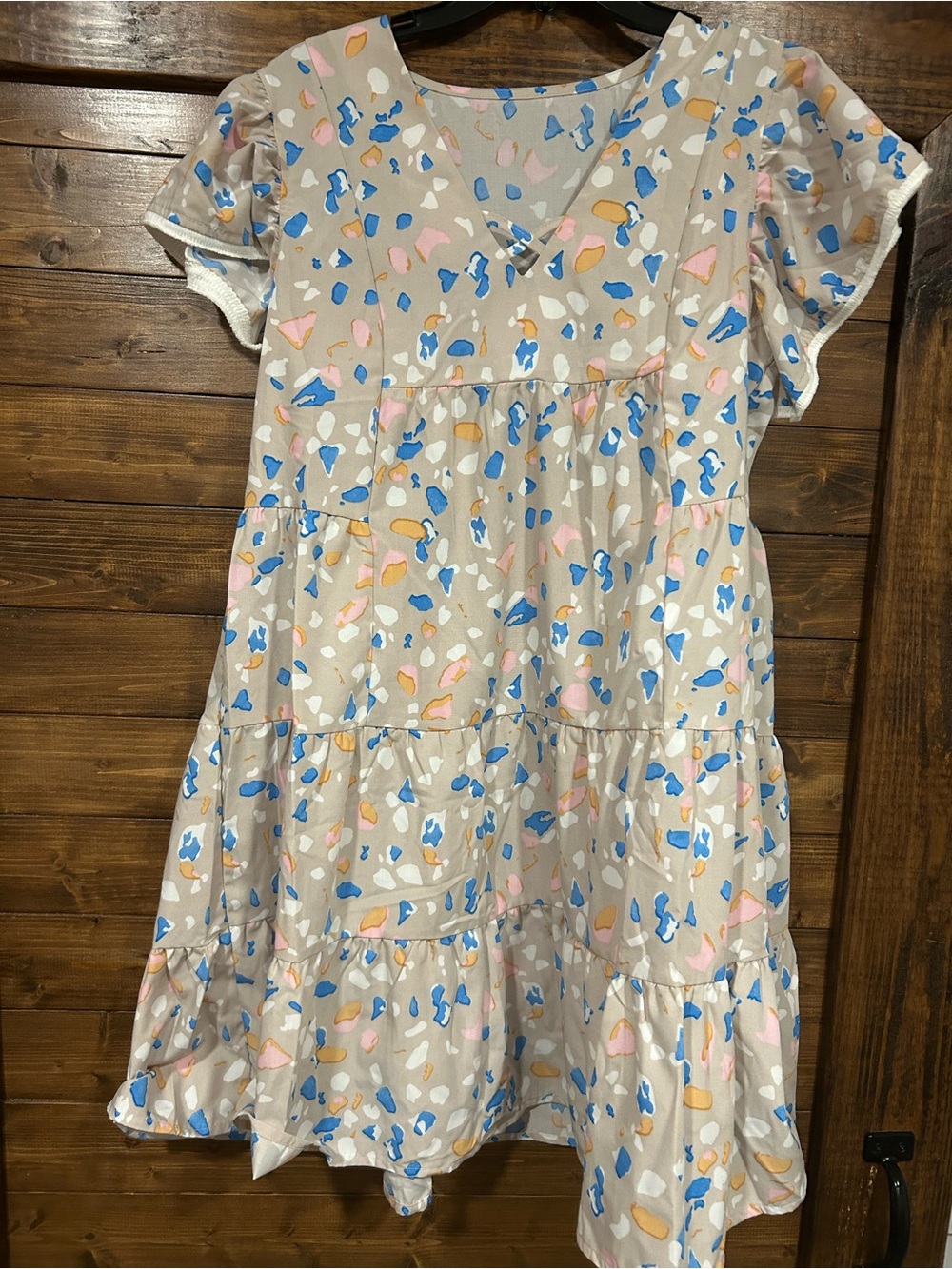 Girls' Tiered Beige Dress with Blue & Pink Print